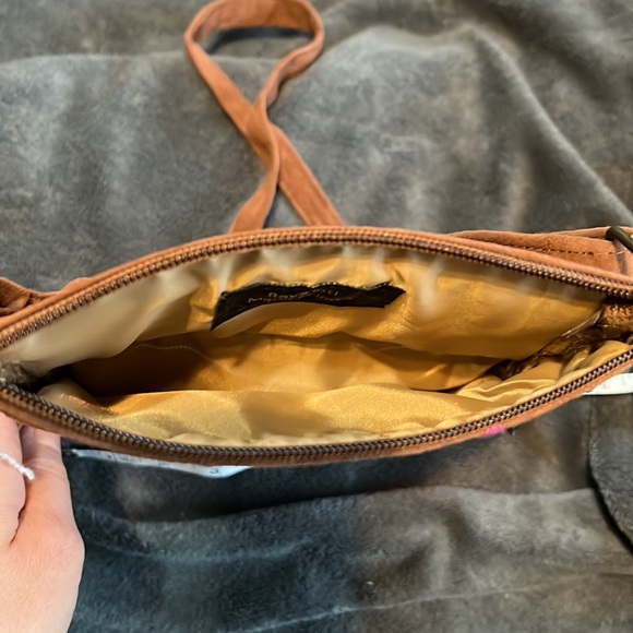 Boho Tan and Brown suede crossbody purse with magenta stitching that pops - Picture 5 of 8